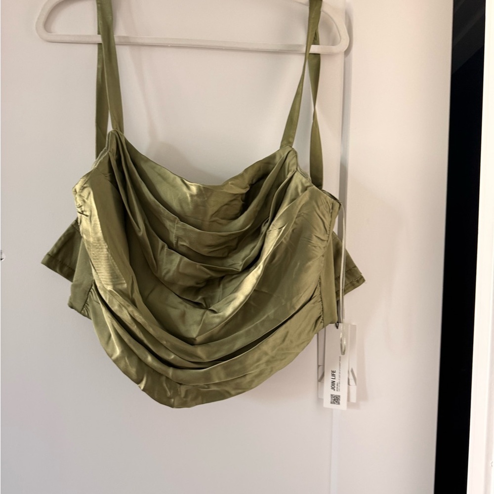 Zara Olive Green Gathered Sleeve Top